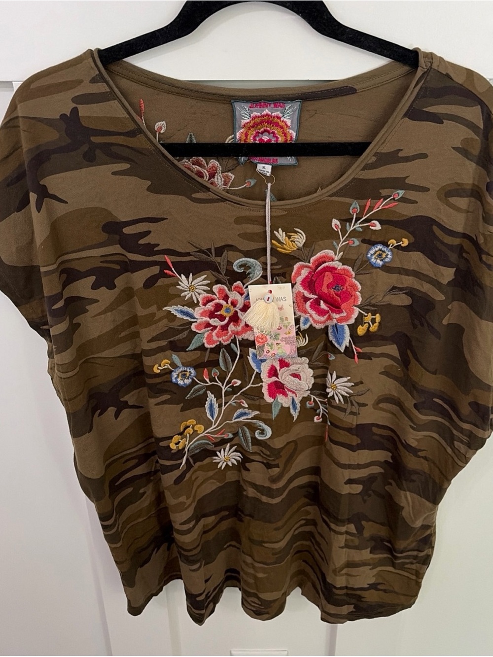 Johnny Was Olive Camo Short Sleeve Tee with Multicolor Floral Embroidery